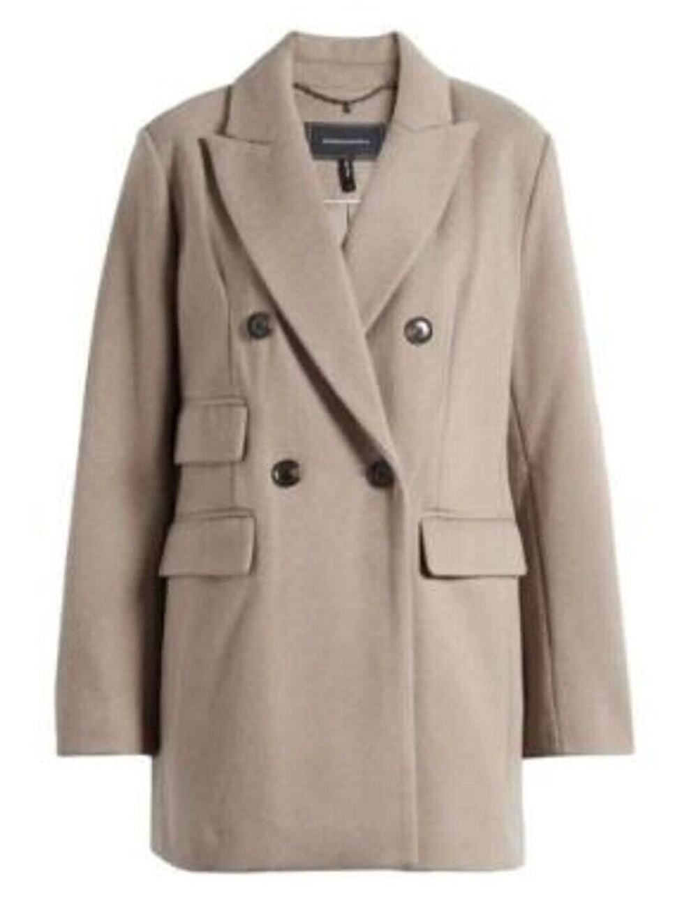 BCBGMAXAZRIA Womens Peak Lapel Double Breasted Coat Large Stone Taupe Classic